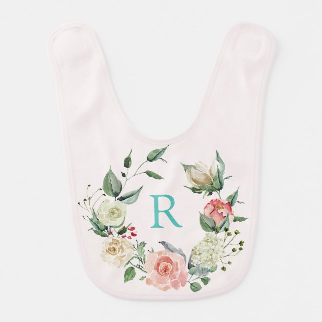 Ros wreath, pale pink monogrammed baby girl baby bib (Front)