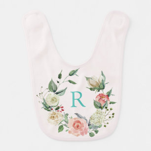 Ros wreath, pale pink monogrammed baby girl bib