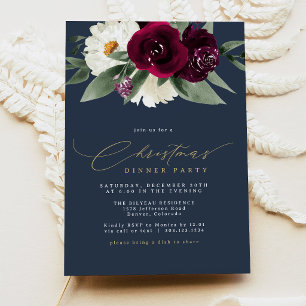 ROSA Burgundy and Navy Floral Christmas Dinner Invitation