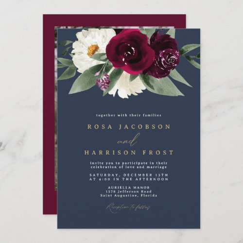 ROSA Burgundy and Navy Floral Winter Wedding Invitation