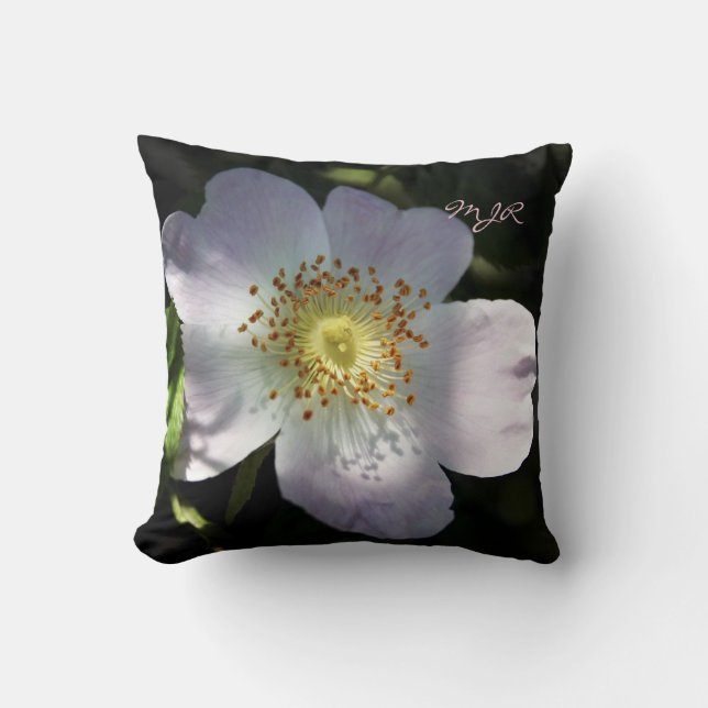 Rosa Canina, Dog Rose with Monogram Throw Pillow (Front)