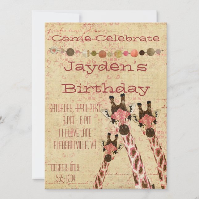 Rosa & Copper Giraffes  Birthday Invitation (Front)