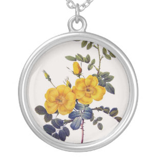 Rosa Eglanteria, wild roses,P. J. Redoute Silver Plated Necklace
