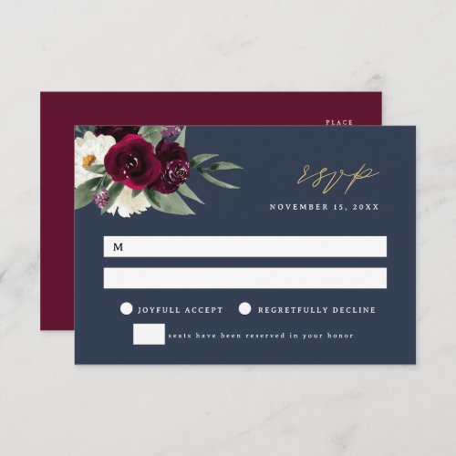 ROSA Elegant Navy  Burgundy Wedding RSVP Card