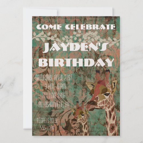 Rosa Giraffes Damask  Birthday Invitation