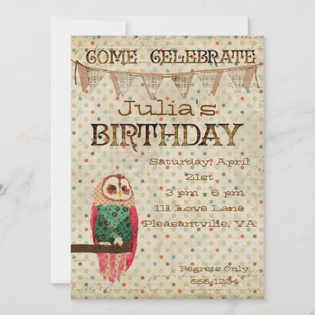 Rosa Owl Birthday Invitation (Front)