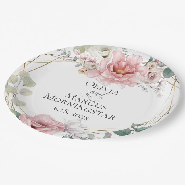 Rosa Pink Floral Summer Wedding Paper Plates (Angled)