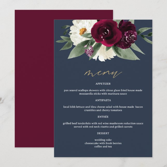 ROSA Rich Burgundy Floral Navy Blue 5x7" Menu (Front/Back)