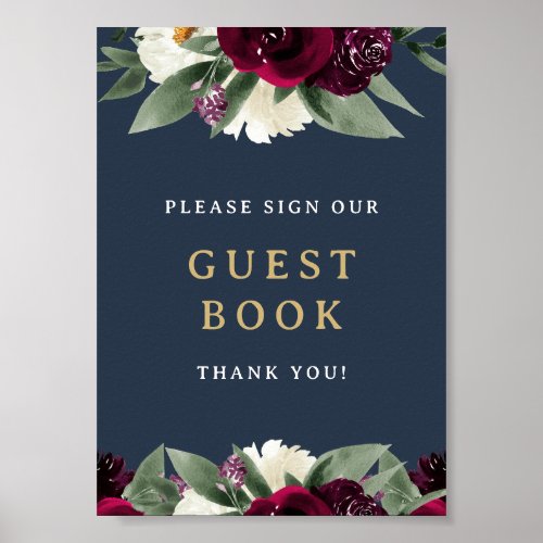 ROSA Rich Burgundy Floral Navy Guestbook Sign