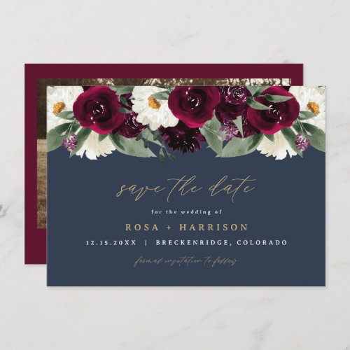 ROSA Rich Burgundy Floral Navy Photo Save the Date Invitation