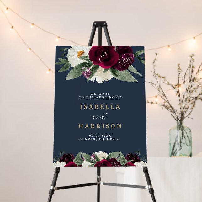 ROSA Rich Burgundy Floral Navy Wedding Welcome Foam Board (In Situ (Stand))