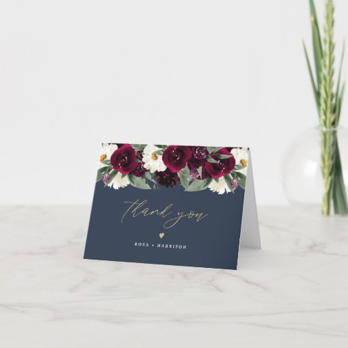 ROSA Rich Burgundy Watercolor Floral Navy Blue Thank You Card