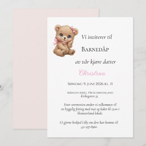Rosa Sløyfe Bamse Dåpsinvitasjon Invitation