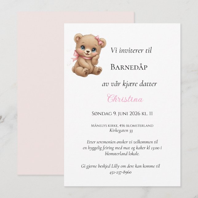 Rosa Sløyfe Bamse Dåpsinvitasjon Invitation (Front/Back)