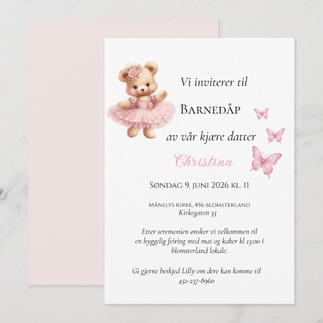 Rosa Sløyfe Bamse Dåpsinvitasjon Invitation (Front/Back)