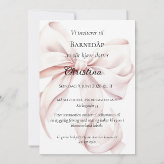 Rosa Sløyfe Barnedåp Invitasjon Invitation