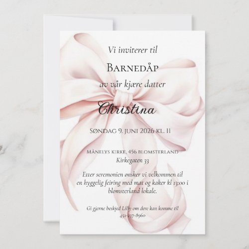 Rosa Sløyfe Barnedåp Invitasjon Invitation