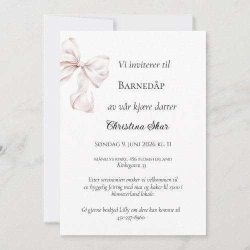 Rosa Sløyfe Dåpsinvitasjon Invitation