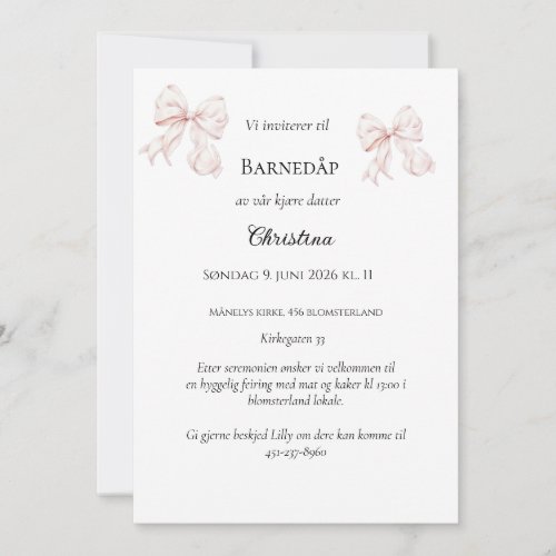 Rosa Sløyfe Dåpsinvitasjon Invitation