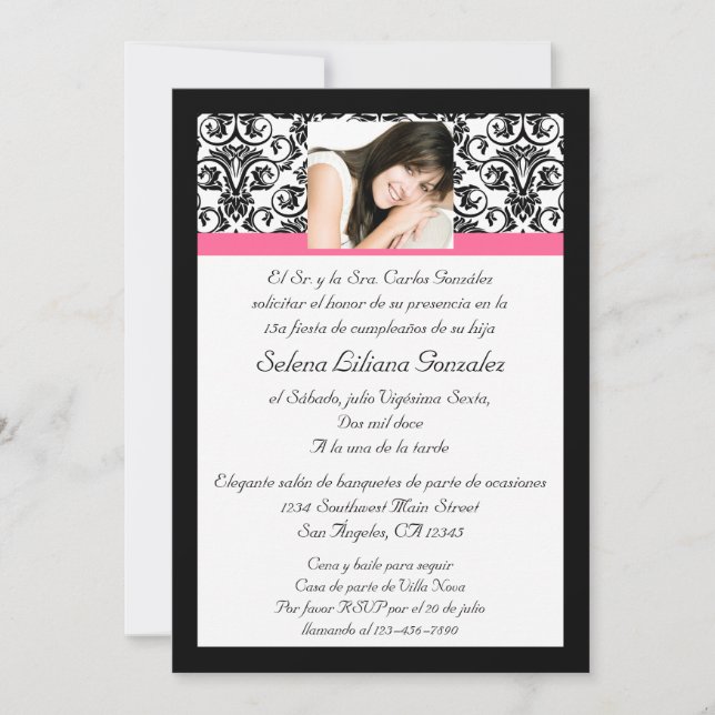 Rosa y negro del damasco de Quinceanera Fushcia Invitation (Front)
