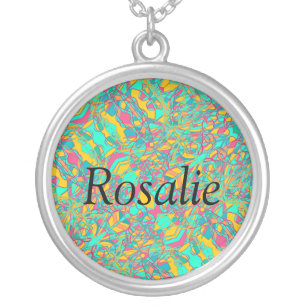 Rosalie italics with abstract art background silver plated necklace