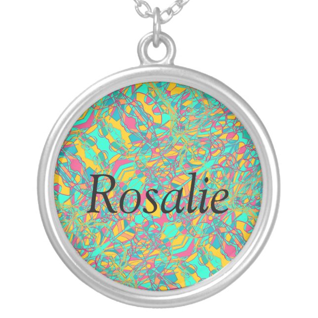 Rosalie italics with abstract art background silver plated necklace (Front)