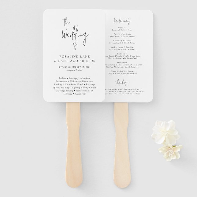Rosalind Modern Typography Elegant Wedding Program Hand Fan (Front and Back)