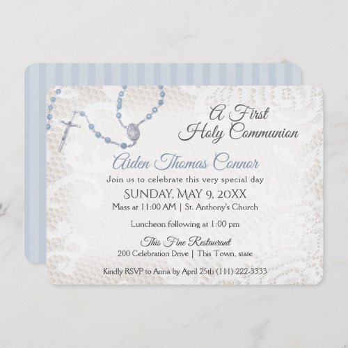 Rosary and Lace First Communion Blue Invitation