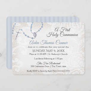 Rosary and Lace First Communion Blue Invitation