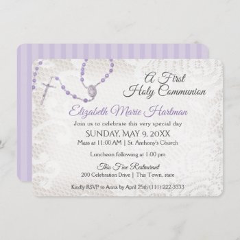 Rosary And Lace First Communion Violet Invitation by happygotimes at Zazzle