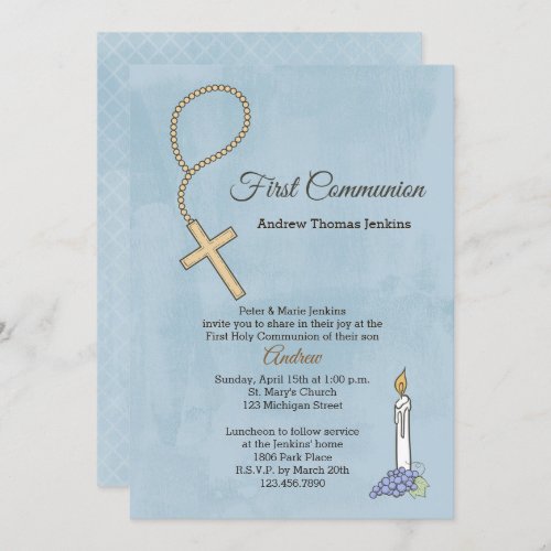 Rosary Beads Candle Blue First Communion Invite