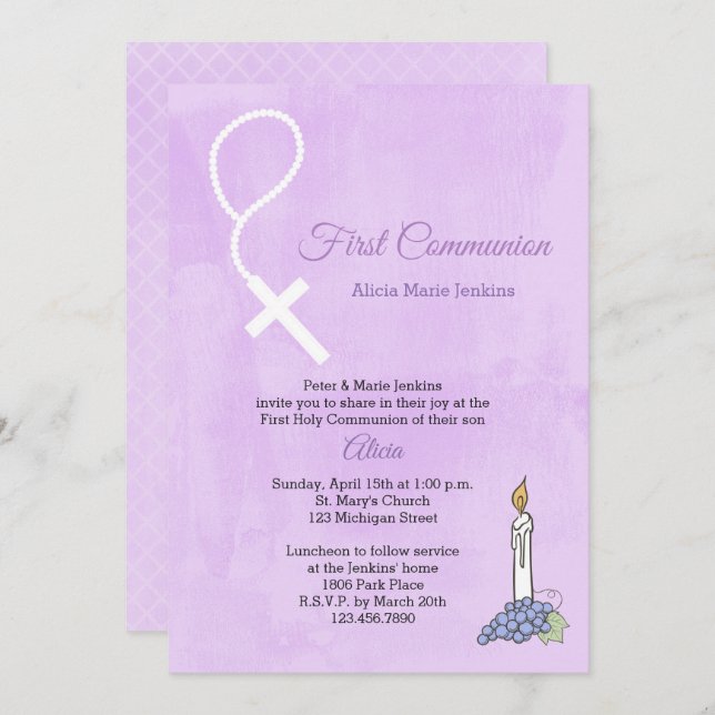 Rosary Beads, Candle, Lilac First Communion Invite (Front/Back)