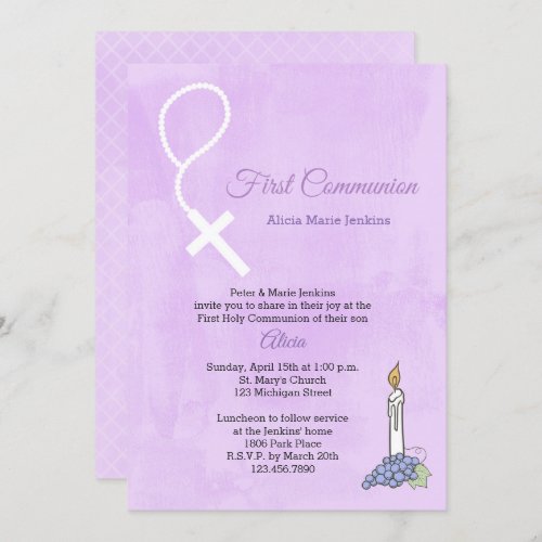 Rosary Beads Candle Lilac First Communion Invite