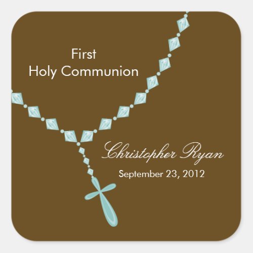 Rosary Beads First Holy Communion Blue Brown Square Sticker