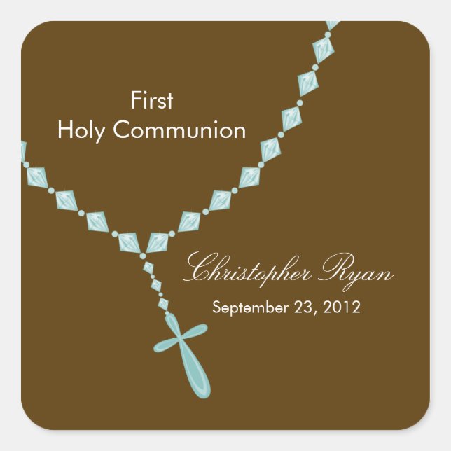 Rosary Beads First Holy Communion Blue Brown Square Sticker (Front)