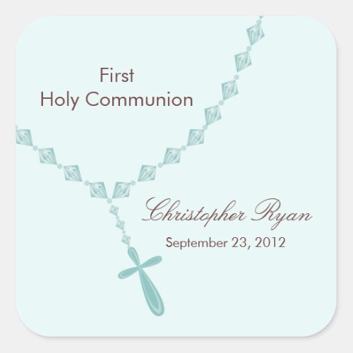 Rosary Beads First Holy Communion Boy Blue Square Sticker
