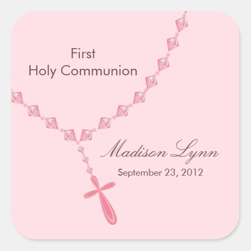 Rosary Beads First Holy Communion Pink Brown Square Sticker