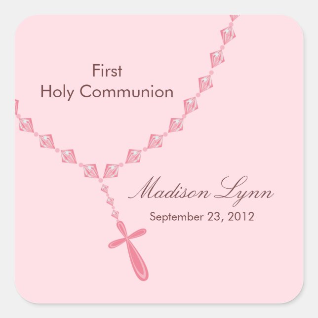 Rosary Beads First Holy Communion Pink Brown Square Sticker (Front)