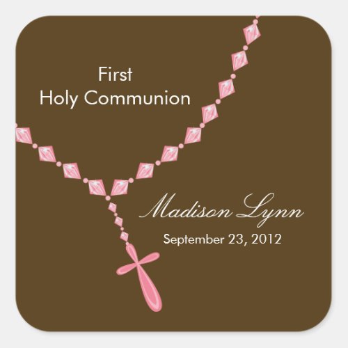 Rosary Beads First Holy Communion Pink Brown Square Sticker