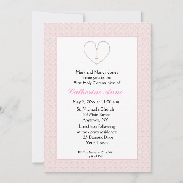 Rosary Beads, Heart Pink Damask Communion Invitation (Front)