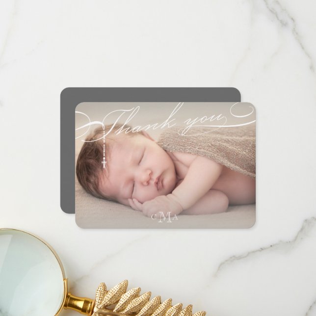 Rosary Cross Monogram Script Photo Religious Thank You Card (Front/Back In Situ)