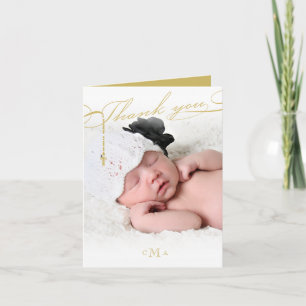 Rosary Cross Monogram Scripted Photo Religious Letterpress Thank You Card