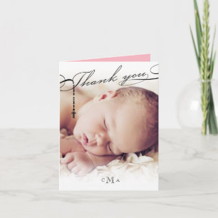 Rosary Cross Monogram Scripted Photo Religious Letterpress Thank You Card