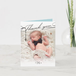 Rosary Cross Monogram Scripted Photo Religious Letterpress Thank You Card