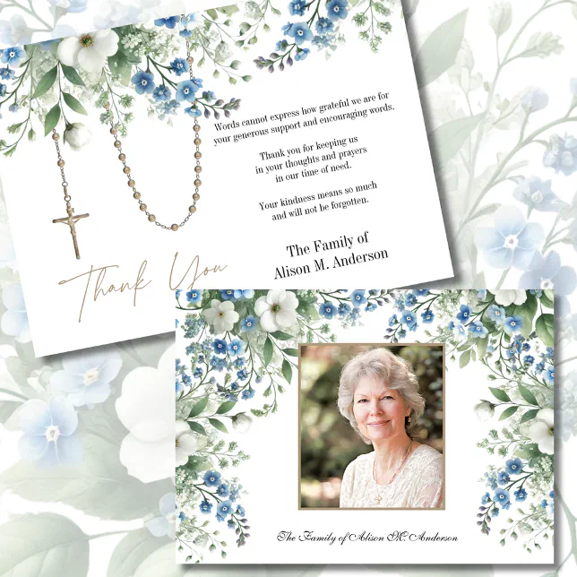 Rosary Floral Photo Funeral Condolence Sympathy Thank You Card | Zazzle