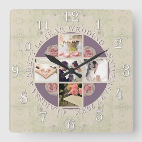 Rose1st year Wedding Anniversary 5 photos Medalion Square Wall Clock