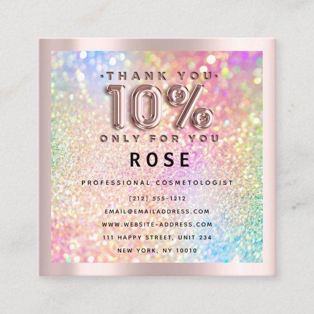 Rose 10% Off Discount Logo Holograph Glitter Lash Appointment Card (Front)
