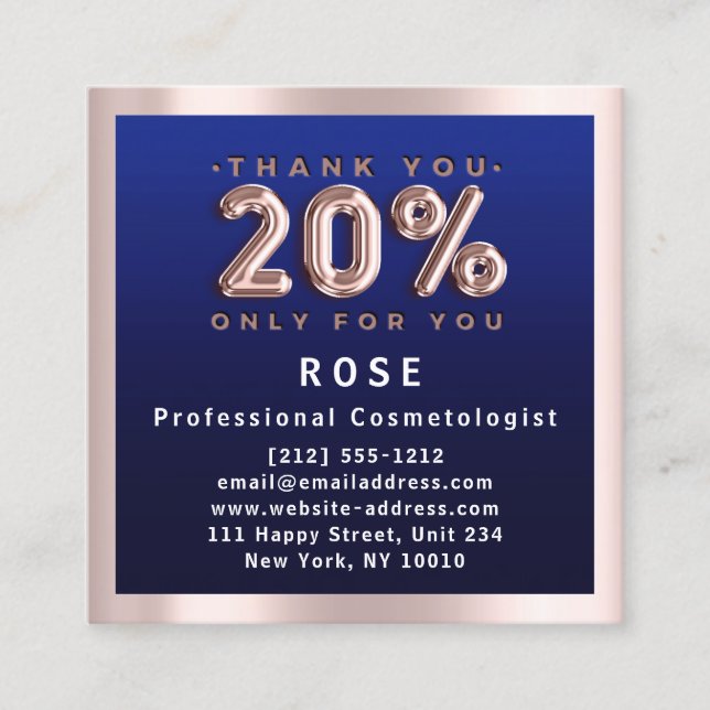 Rose 20% Off Discount Logo Hair Navy Blue Balloon Appointment Card (Front)