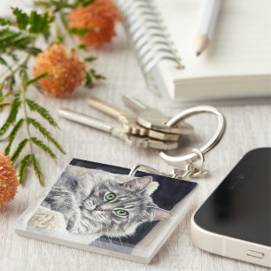 Rose a Cat with Striking Green Eyes Keychain