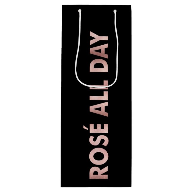 ROSÉ ALL DAY Text in Faux Pink Foil on Black Wine Gift Bag (Front)